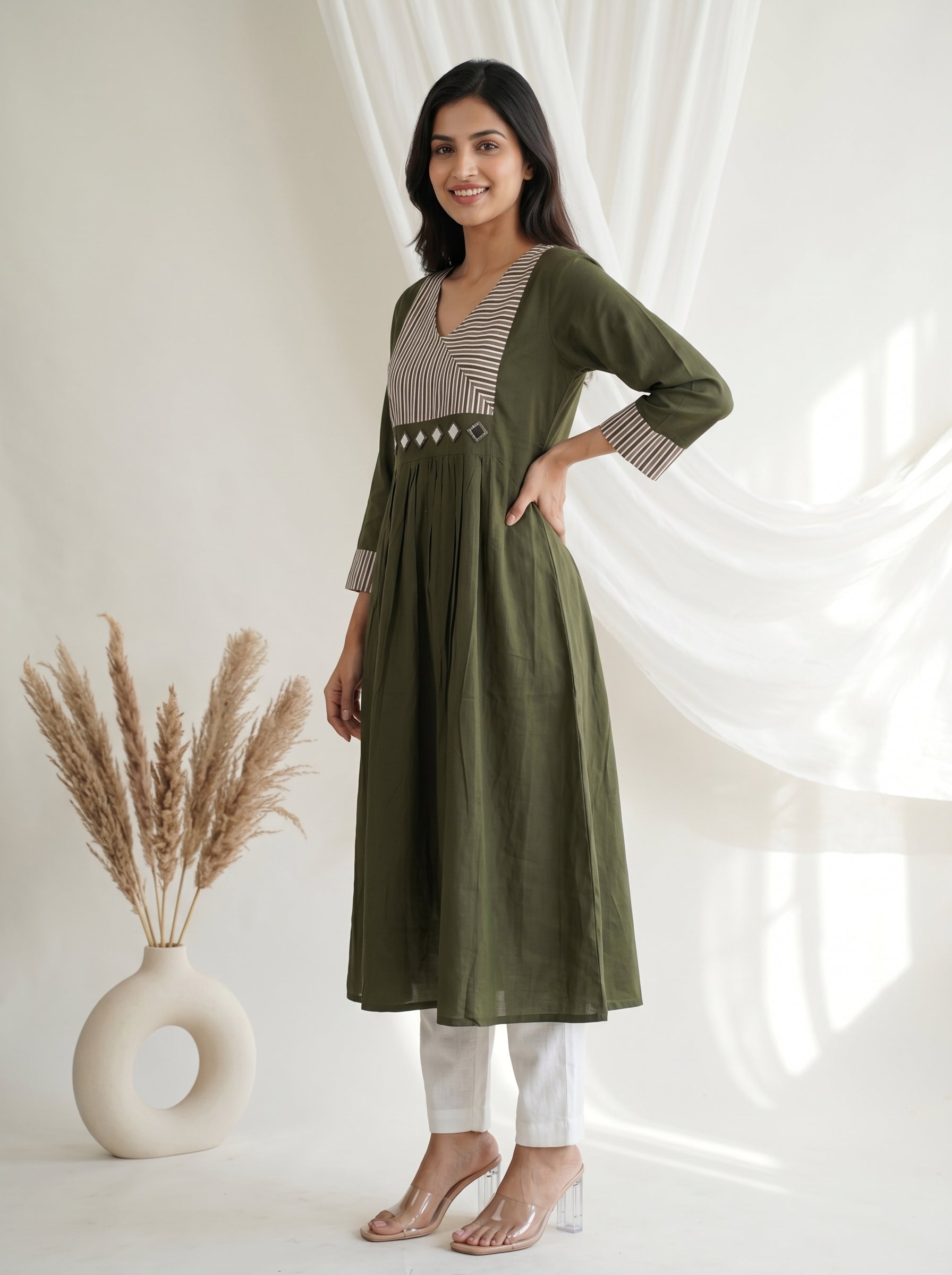 Olive Green Striped Yoke A-Line Kurta