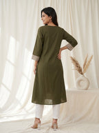 Olive Green Striped Yoke A-Line Kurta