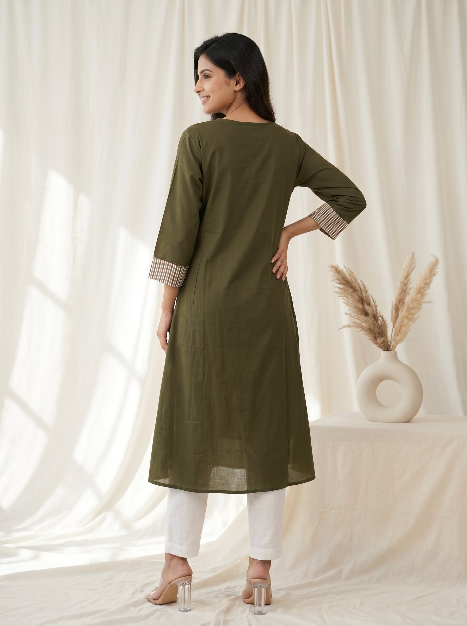 Olive Green Striped Yoke A-Line Kurta