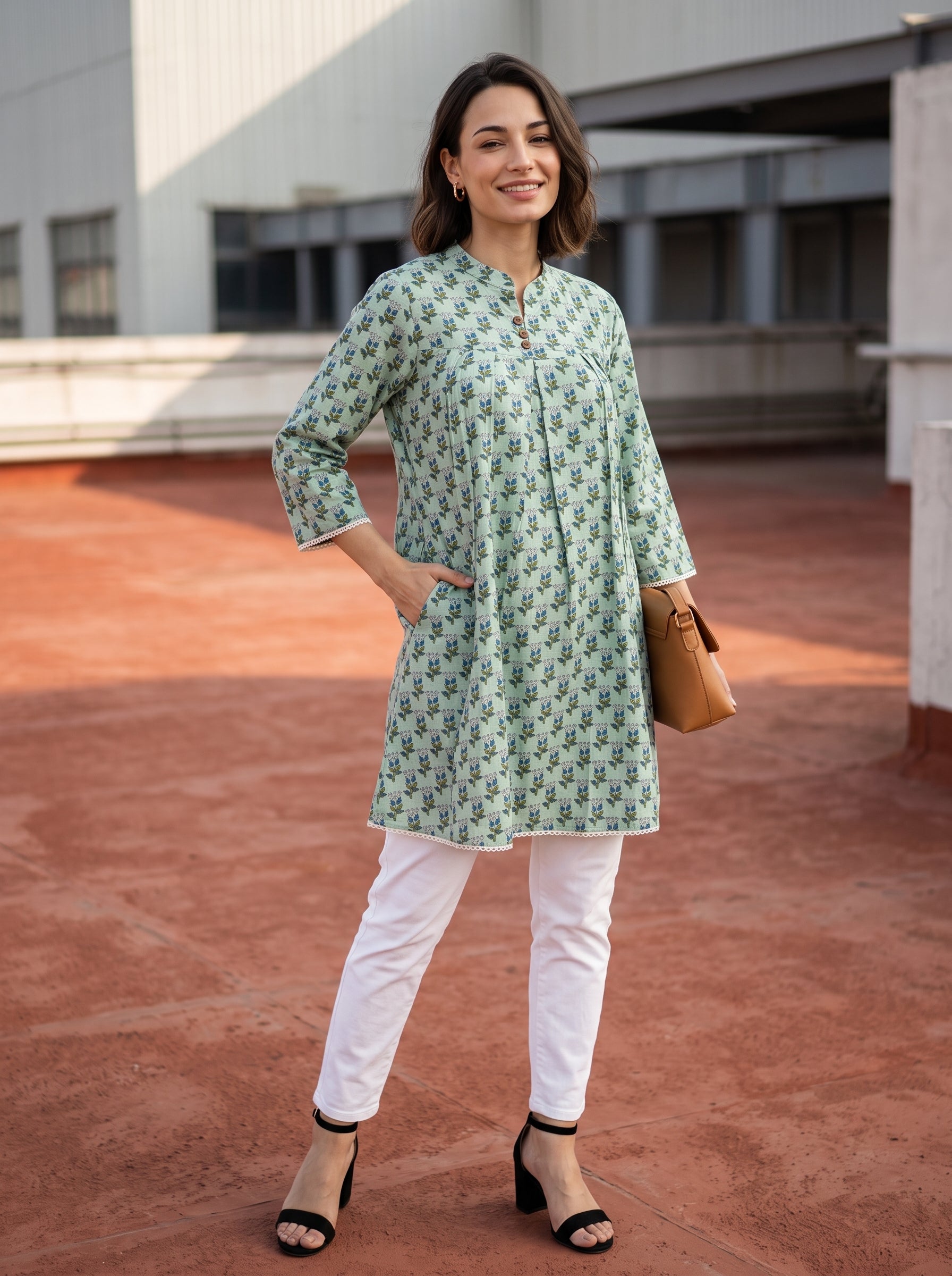 Women's Sage Green Floral Print Cotton Top