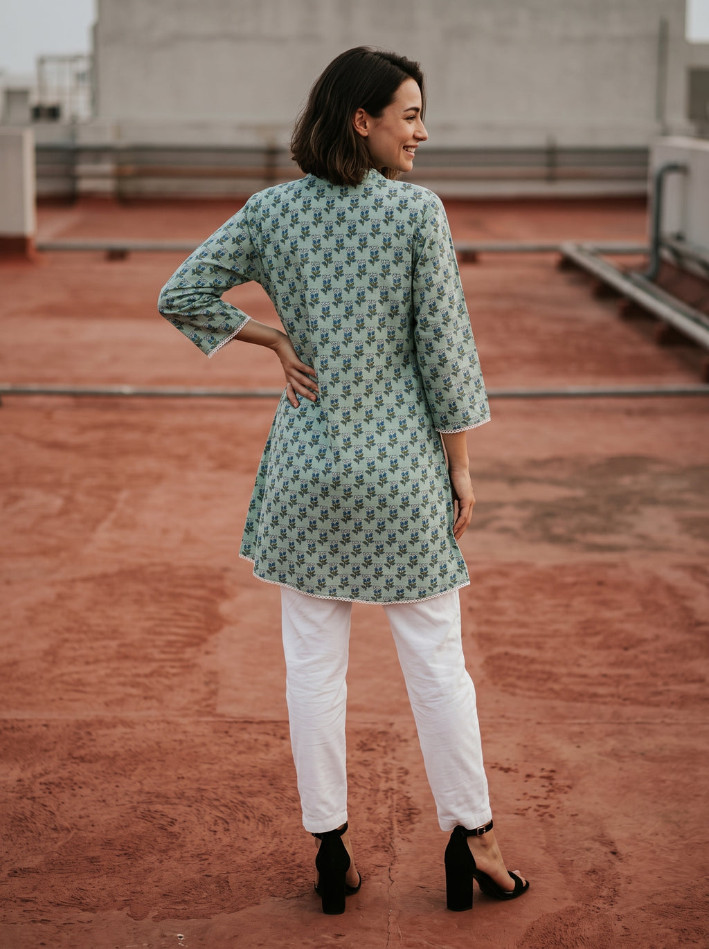 Women's Sage Green Floral Print Cotton Top