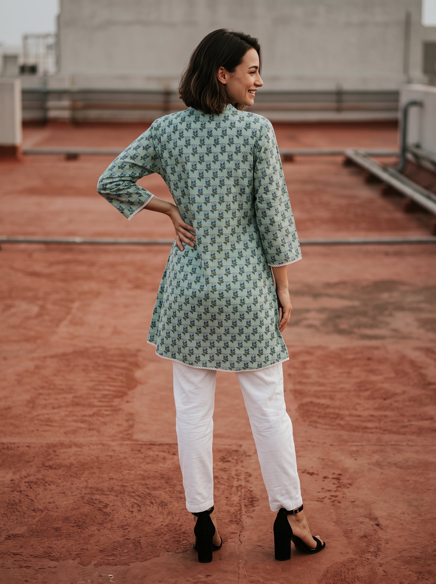Women's Sage Green Floral Print Cotton Top