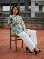 Women's Sage Green Floral Print Cotton Top