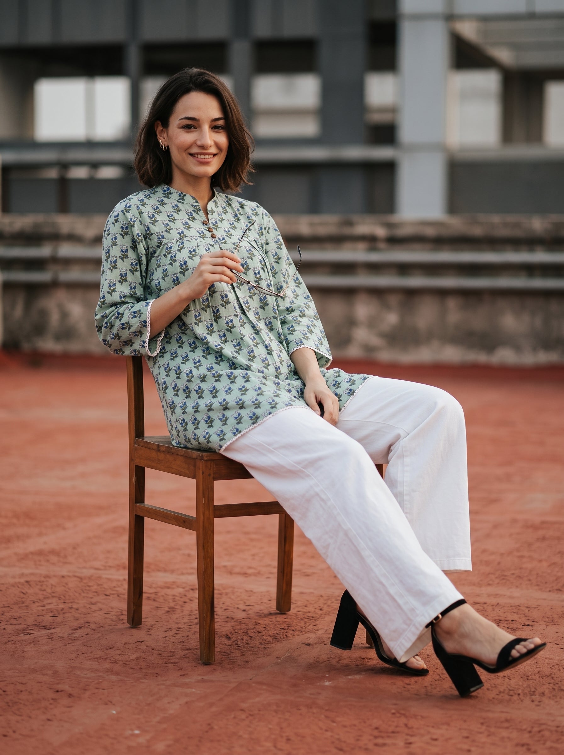 Women's Sage Green Floral Print Cotton Top