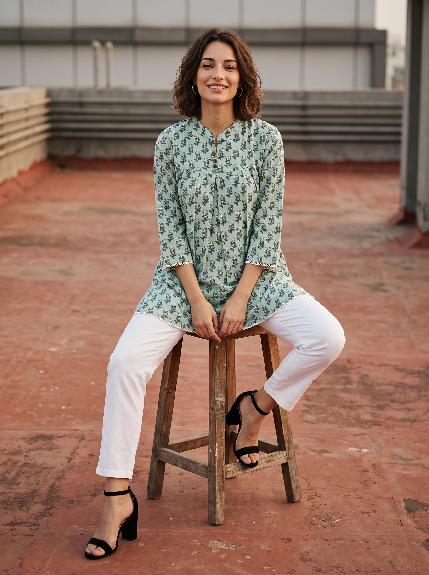 Women's Sage Green Floral Print Cotton Top