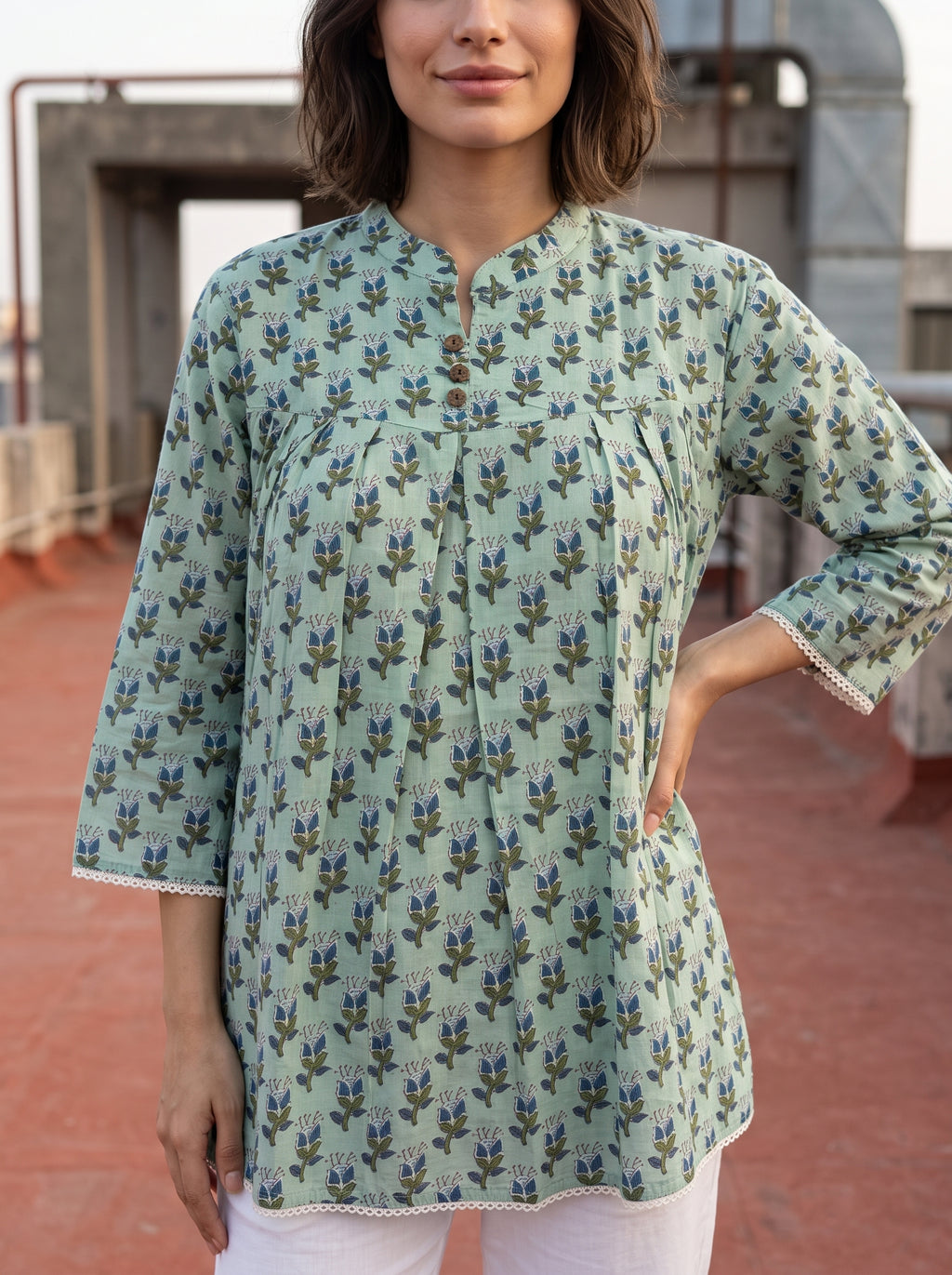Women's Sage Green Floral Print Cotton Top