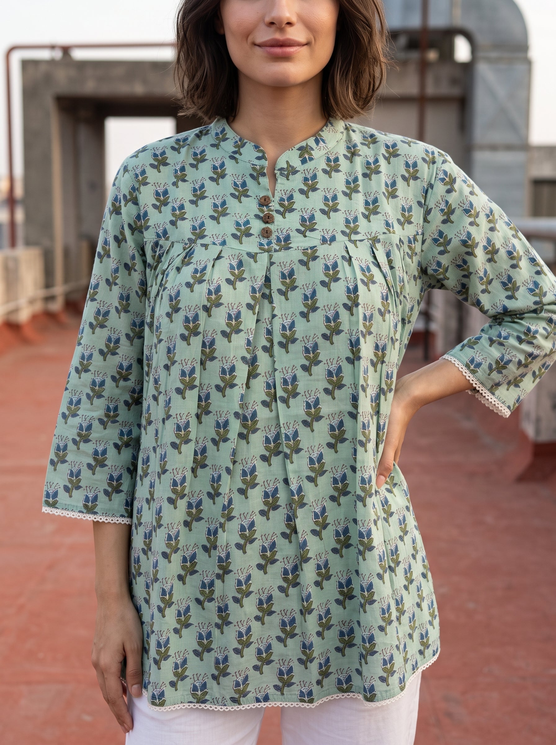Women's Sage Green Floral Print Cotton Top