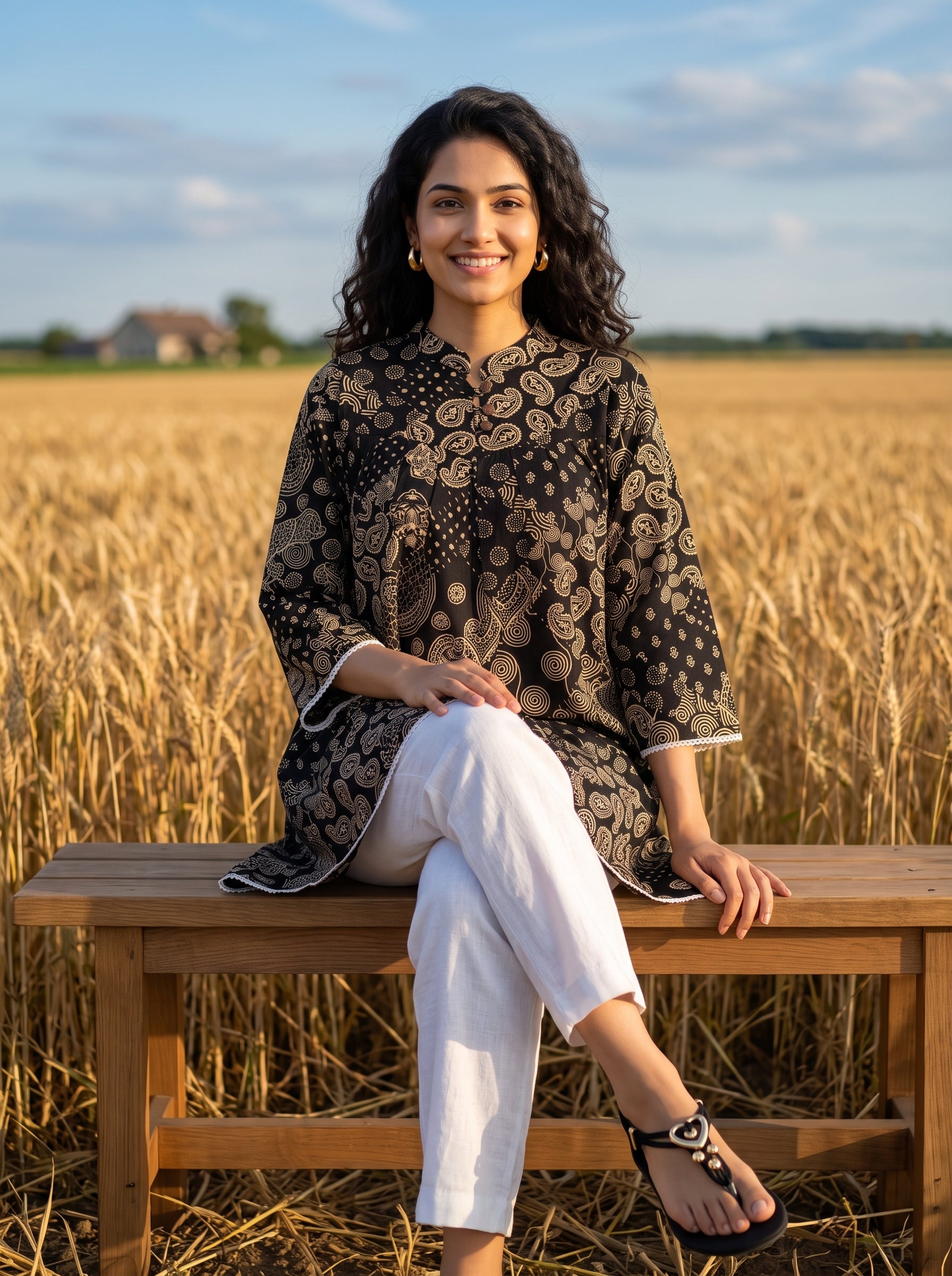 Women's Black Paisley Cotton Top