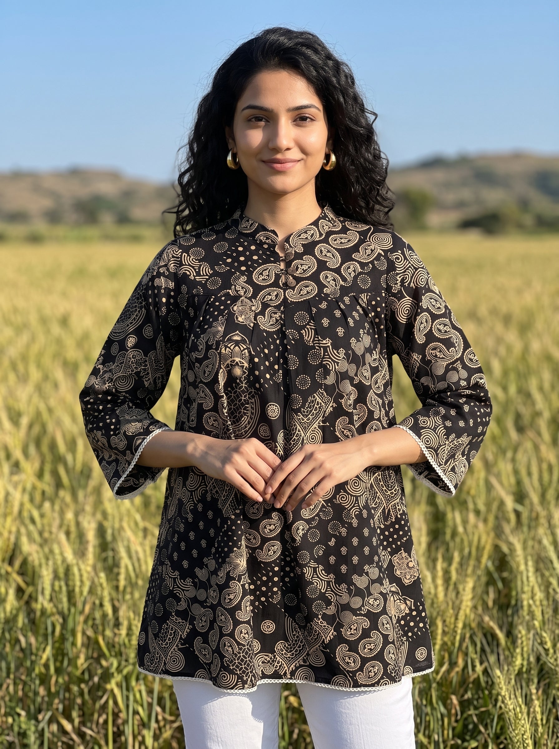 Women's Black Paisley Cotton Top