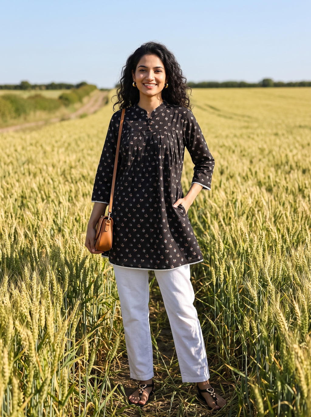 Women's Black Floral Print Cotton A-Line Short Kurti