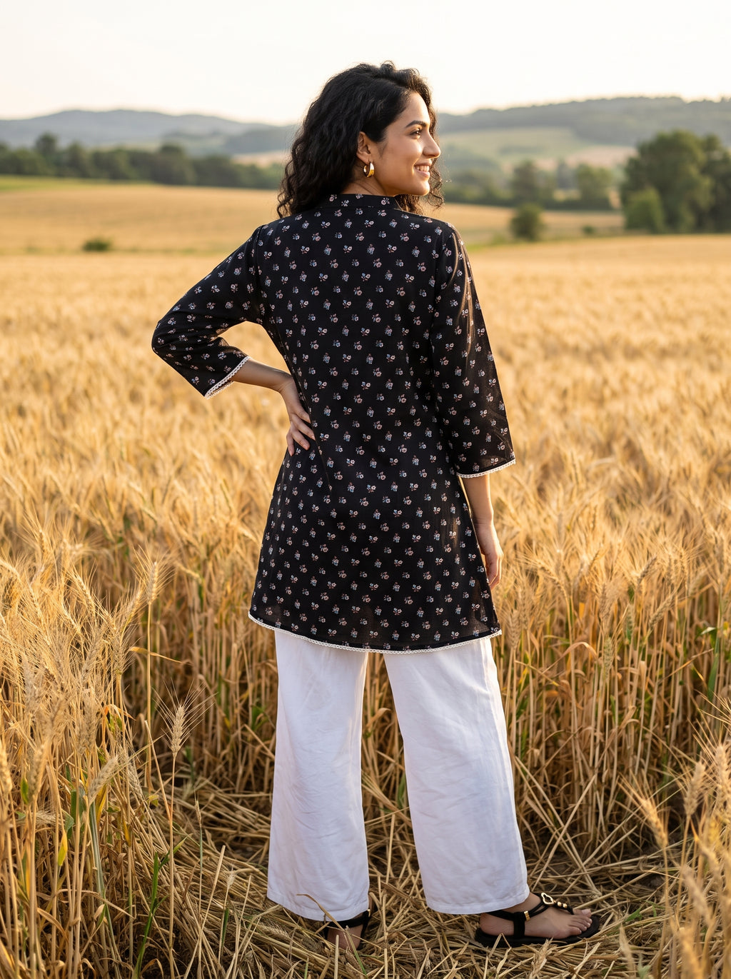 Women's Black Floral Print Cotton A-Line Short Kurti
