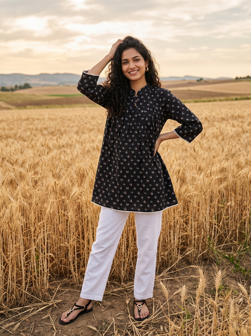 Women's Black Floral Print Cotton A-Line Short Kurti