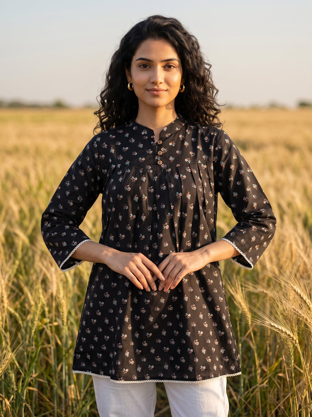 Women's Black Floral Print Cotton A-Line Short Kurti