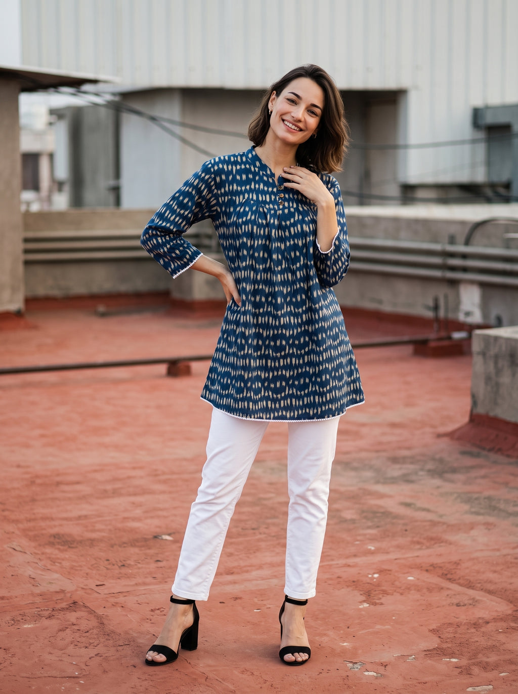 Women's Indigo Blue Printed Cotton Tunic | Mandarin Collar | 3/4 Sleeves | Casual & Everyday Wear