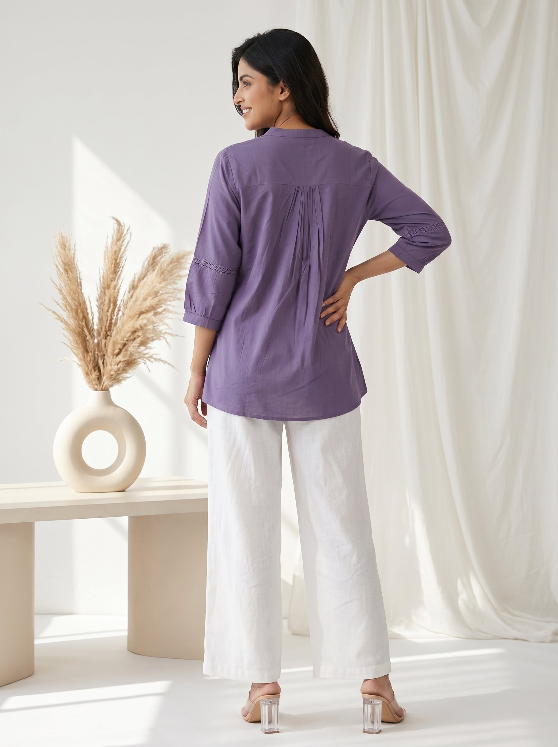 Women Lavender Pintuck Cotton Tunic With lace