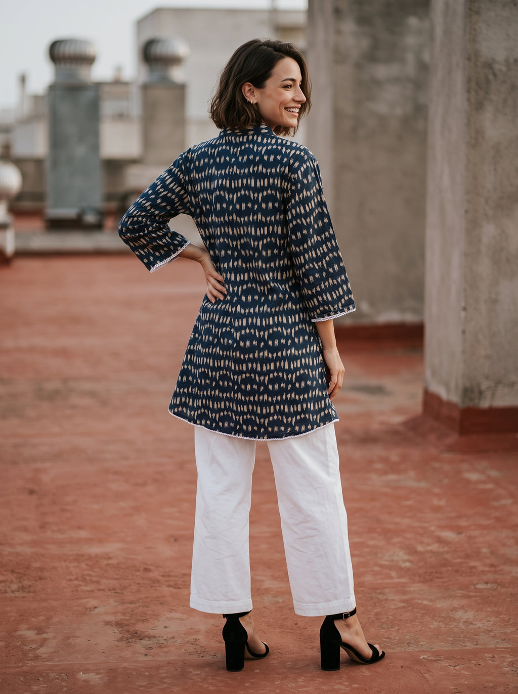 Women's Indigo Blue Printed Cotton Tunic | Mandarin Collar | 3/4 Sleeves | Casual & Everyday Wear