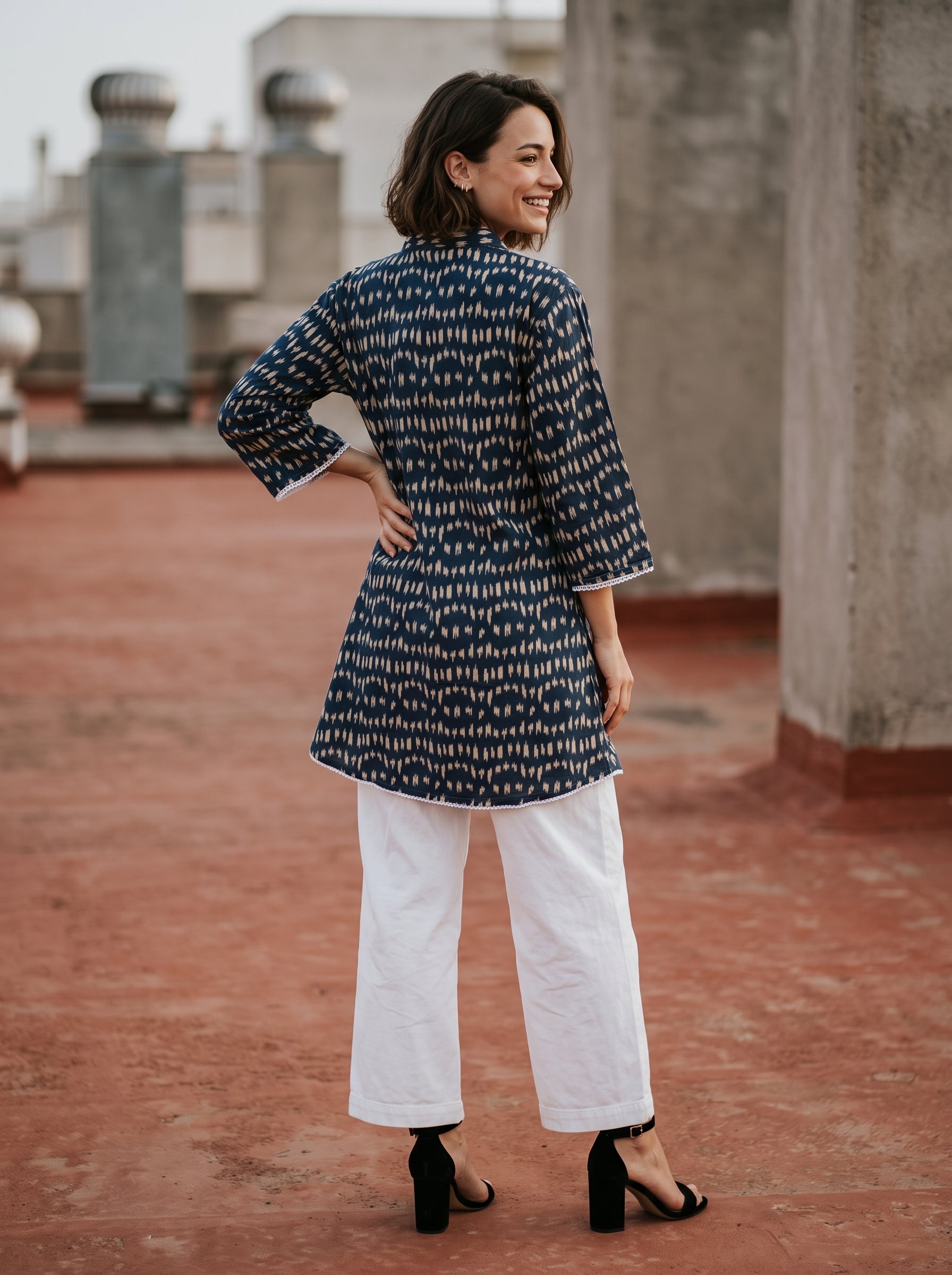 Women's Indigo Blue Printed Cotton Tunic | Mandarin Collar | 3/4 Sleeves | Casual & Everyday Wear