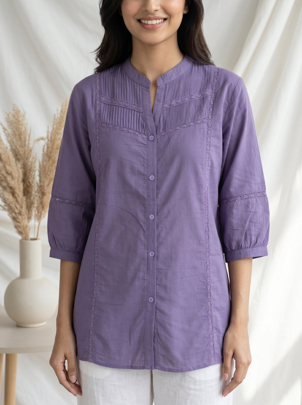 Women Lavender Pintuck Cotton Tunic With lace