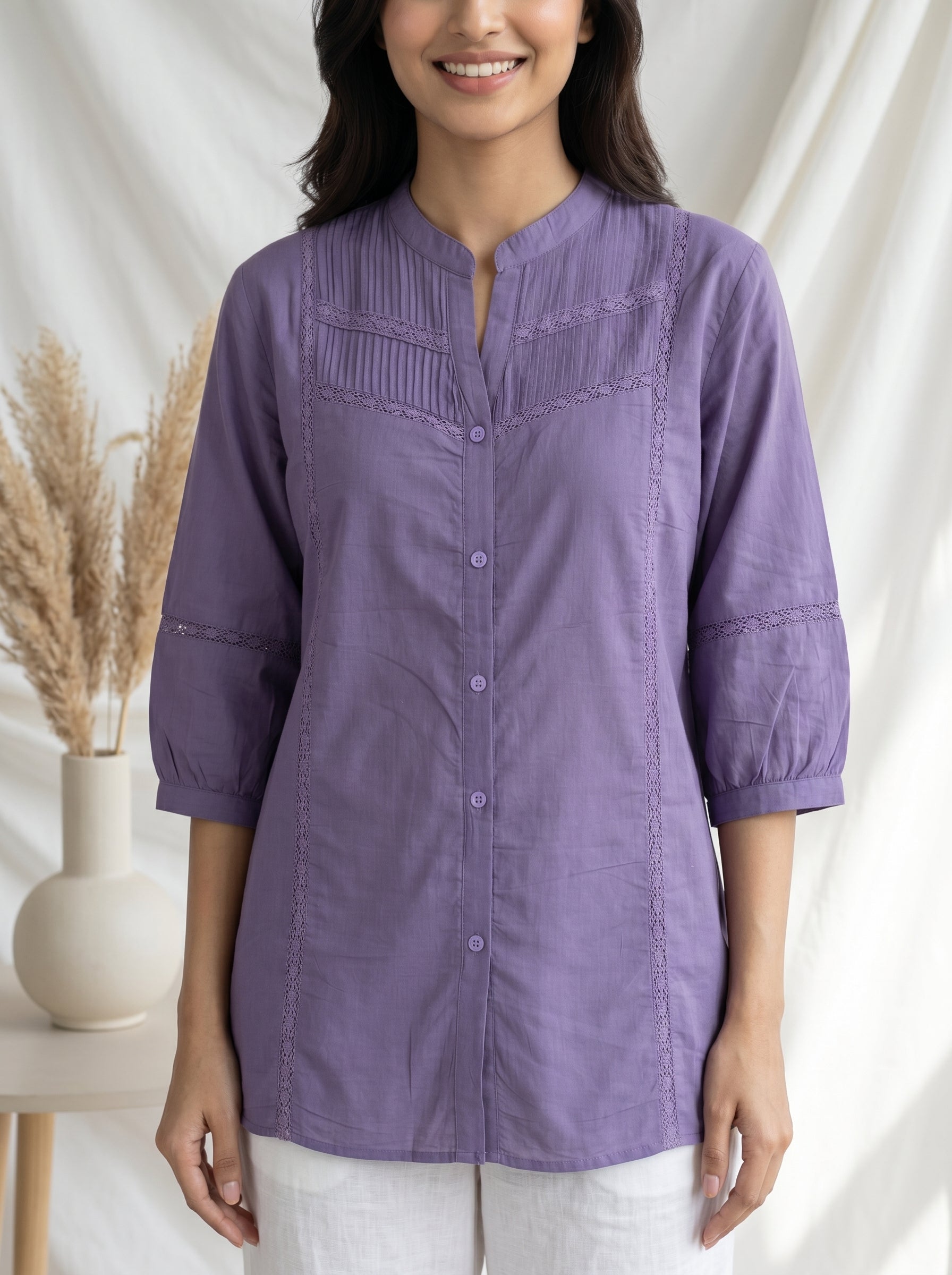 Women Lavender Pintuck Cotton Tunic With lace