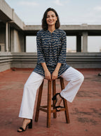 Women's Indigo Blue Printed Cotton Tunic | Mandarin Collar | 3/4 Sleeves | Casual & Everyday Wear