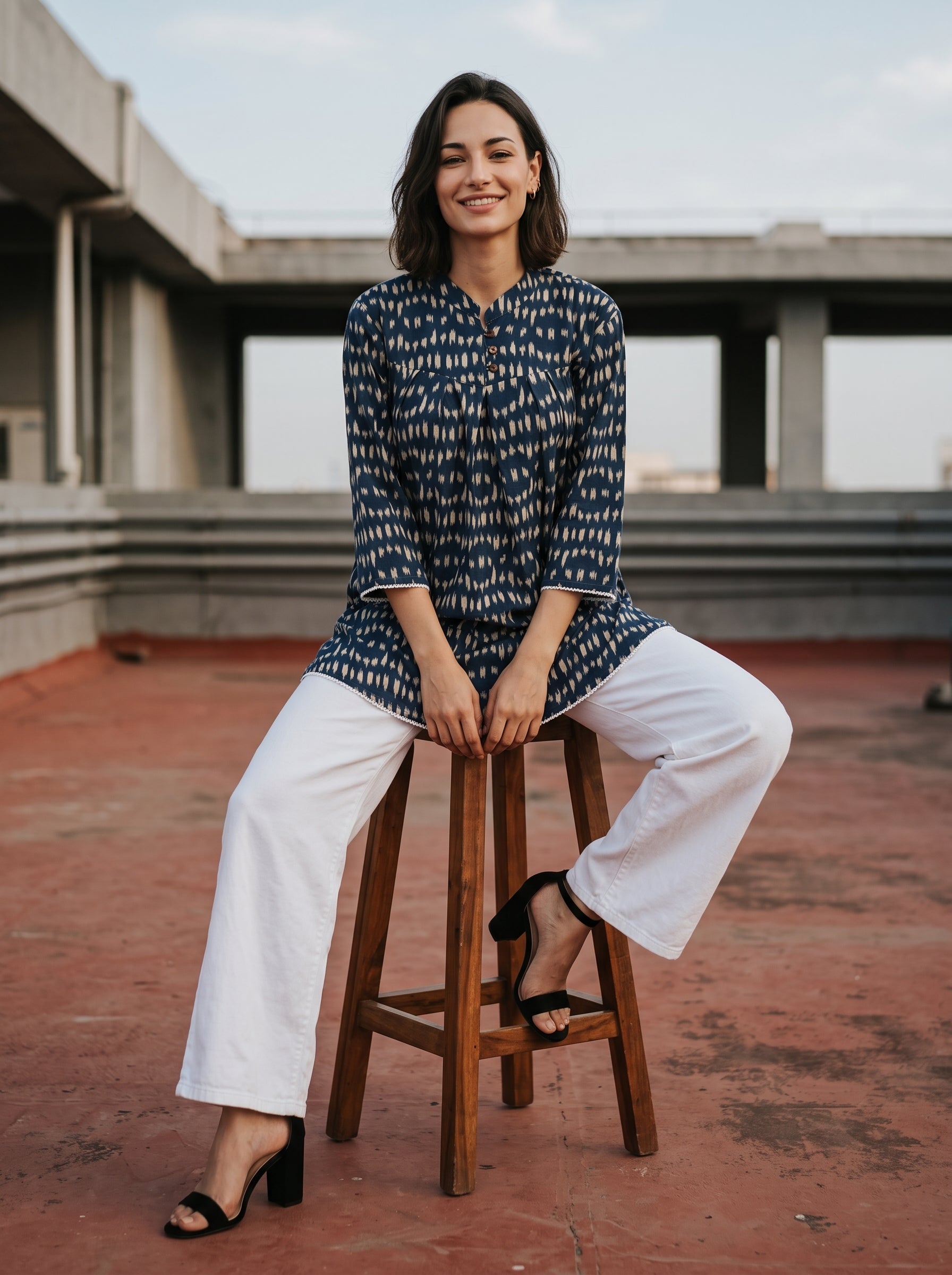 Women's Indigo Blue Printed Cotton Tunic | Mandarin Collar | 3/4 Sleeves | Casual & Everyday Wear