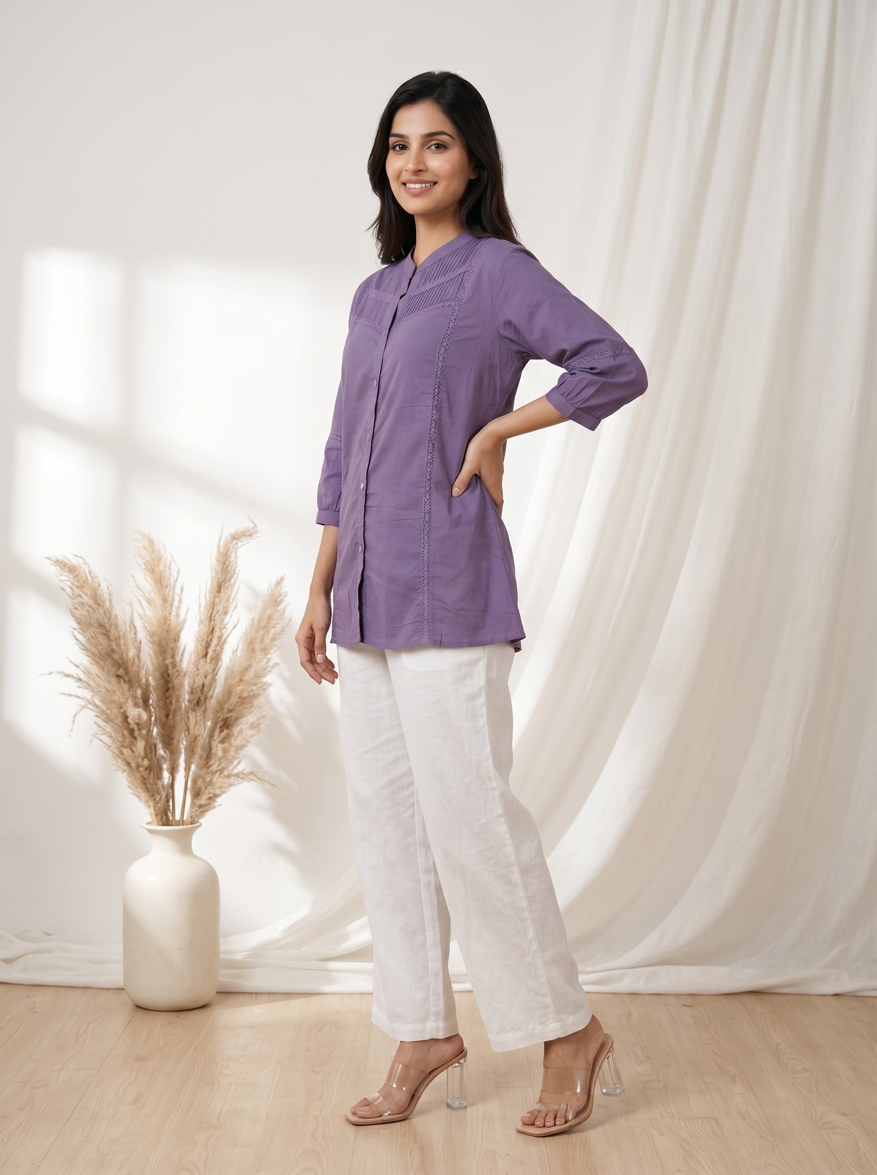 Women Lavender Pintuck Cotton Tunic With lace
