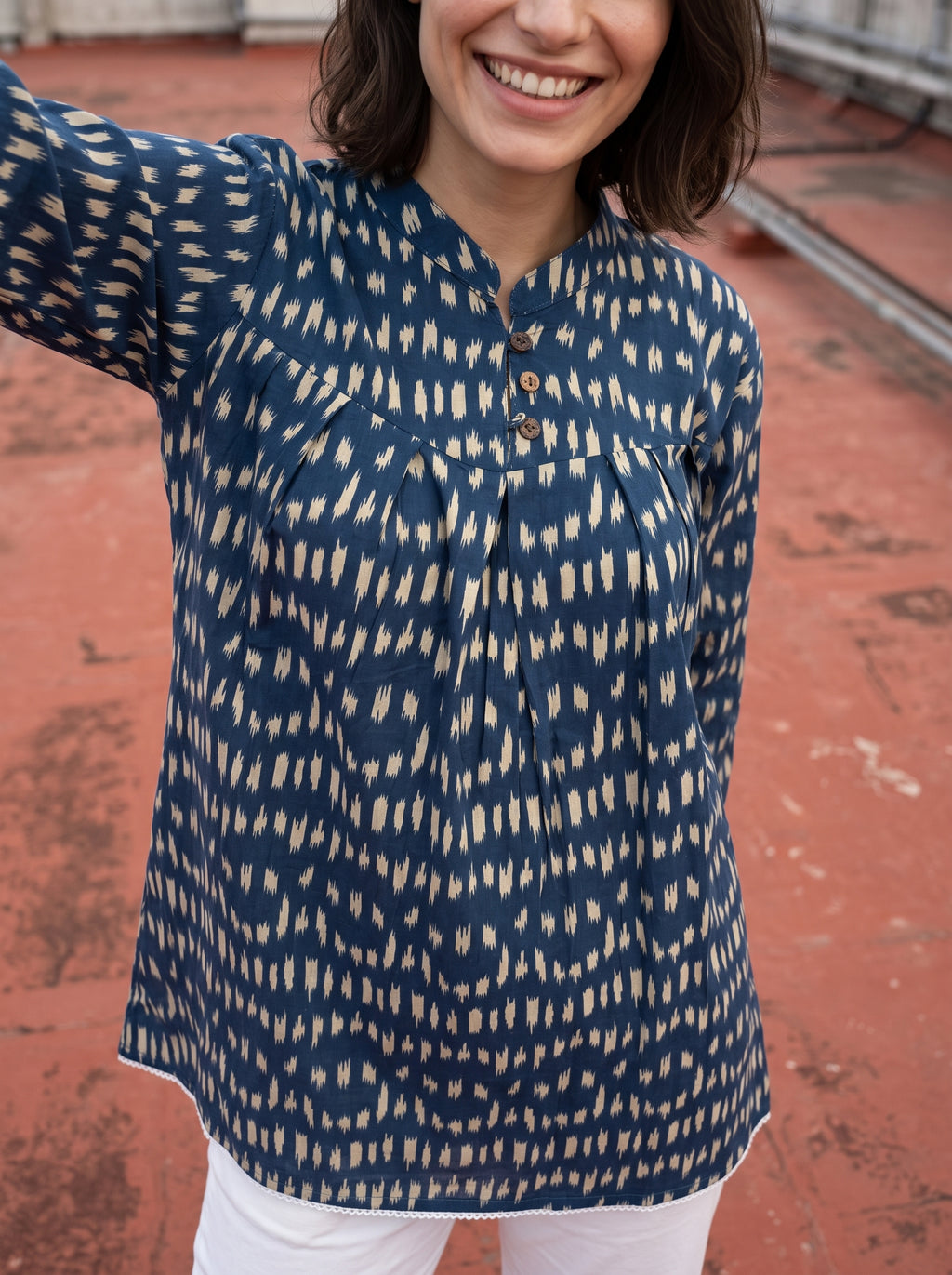 Women's Indigo Blue Printed Cotton Tunic | Mandarin Collar | 3/4 Sleeves | Casual & Everyday Wear