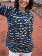 Women's Indigo Blue Printed Cotton Tunic | Mandarin Collar | 3/4 Sleeves | Casual & Everyday Wear