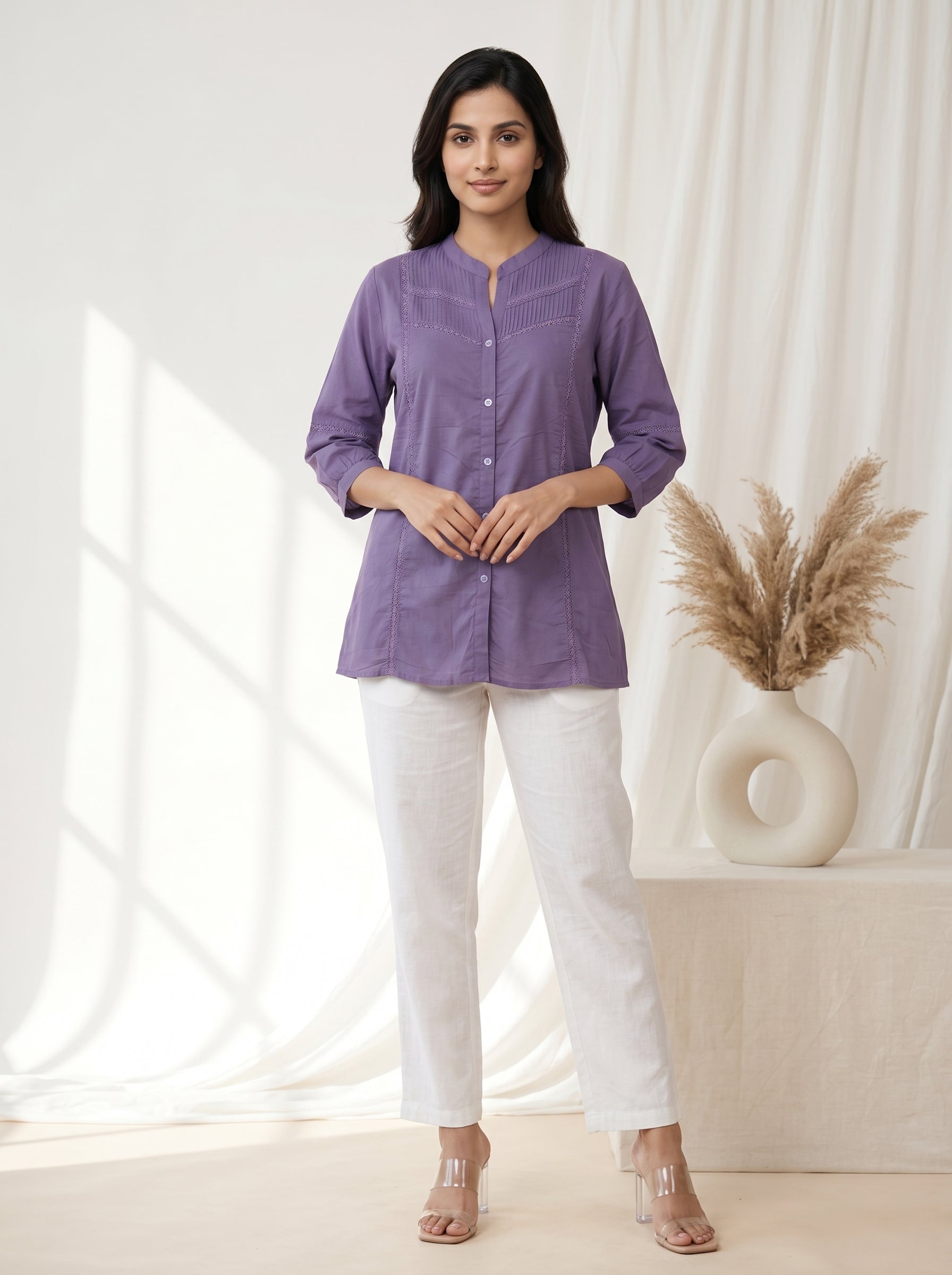 Women Lavender Pintuck Cotton Tunic With lace