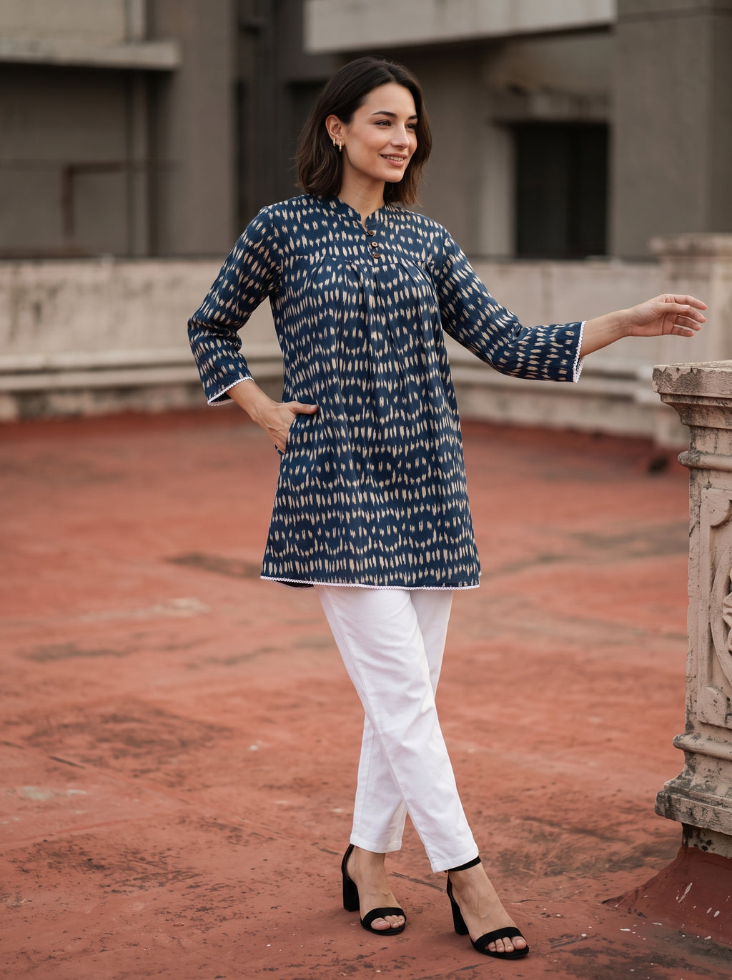 Women's Indigo Blue Printed Cotton Tunic | Mandarin Collar | 3/4 Sleeves | Casual & Everyday Wear