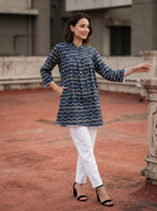 Women's Indigo Blue Printed Cotton Tunic | Mandarin Collar | 3/4 Sleeves | Casual & Everyday Wear