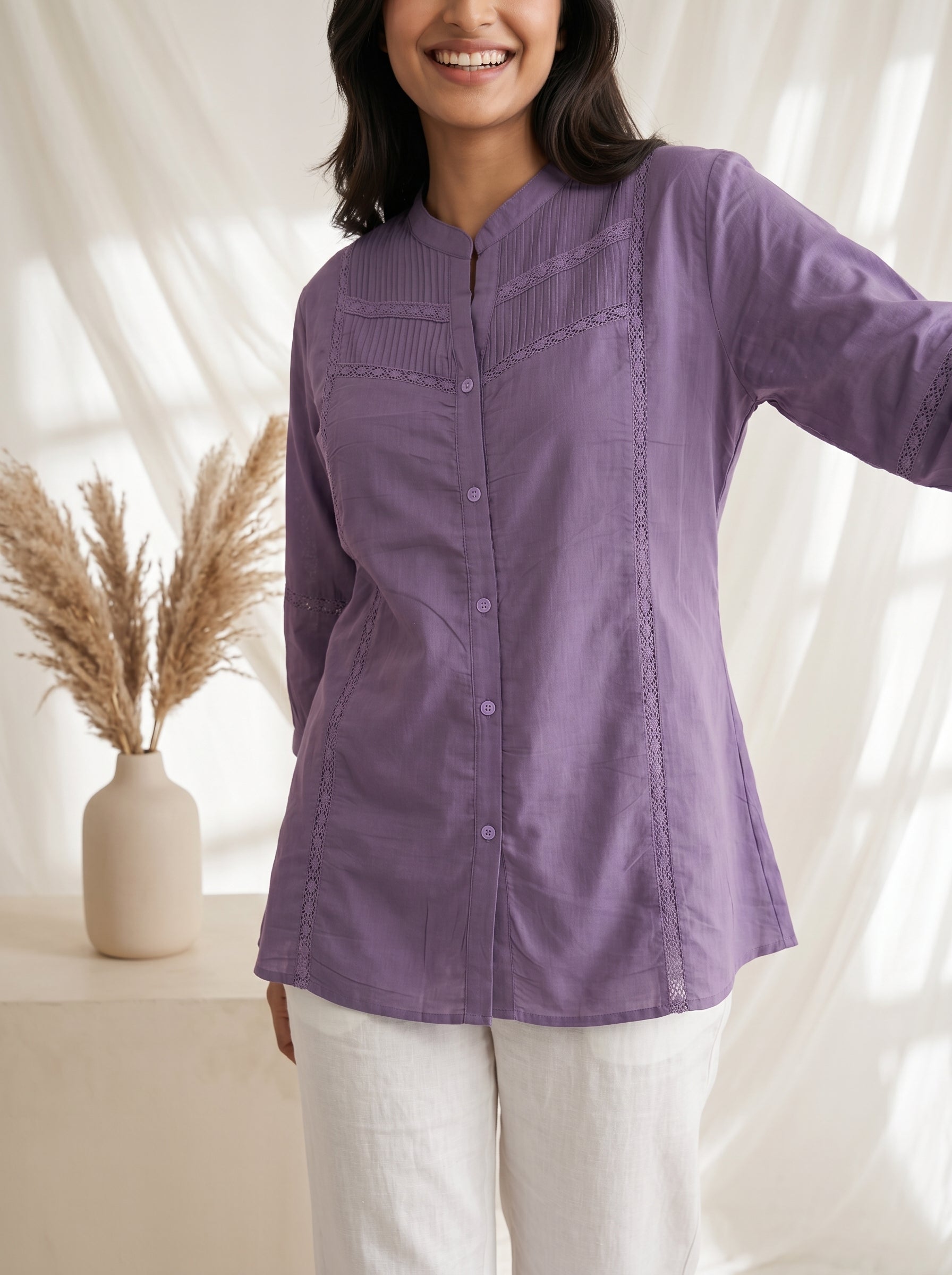 Women Lavender Pintuck Cotton Tunic With lace