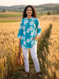 Women's Turquoise Blue Floral Printed Cotton Tunic