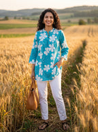 Women's Turquoise Blue Floral Printed Cotton Tunic