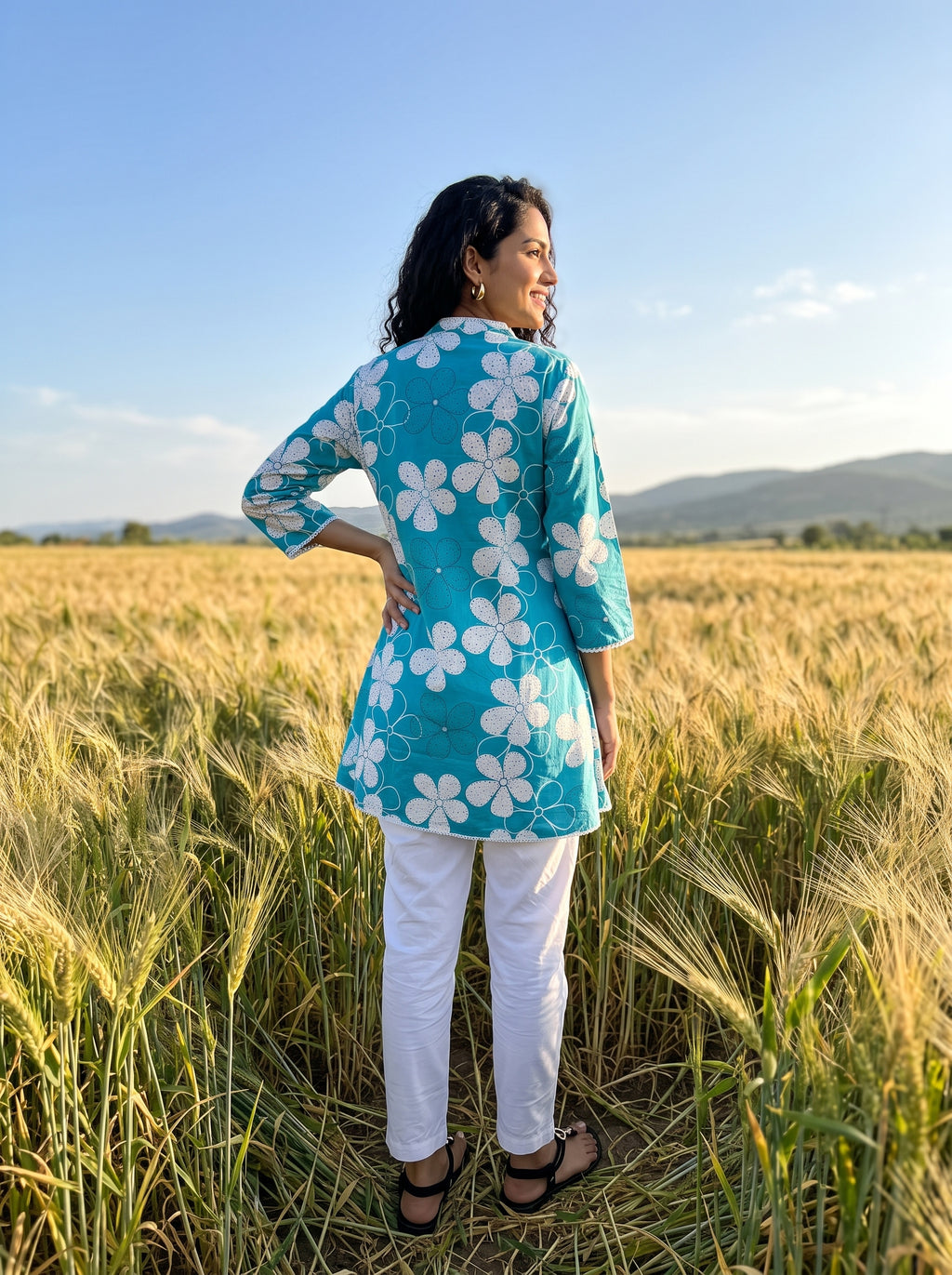 Women's Turquoise Blue Floral Printed Cotton Tunic