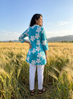 Women's Turquoise Blue Floral Printed Cotton Tunic