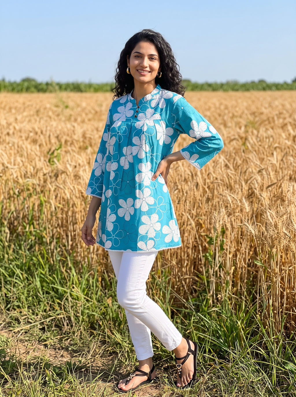 Women's Turquoise Blue Floral Printed Cotton Tunic