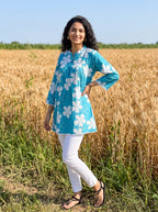 Women's Turquoise Blue Floral Printed Cotton Tunic