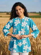 Women's Turquoise Blue Floral Printed Cotton Tunic