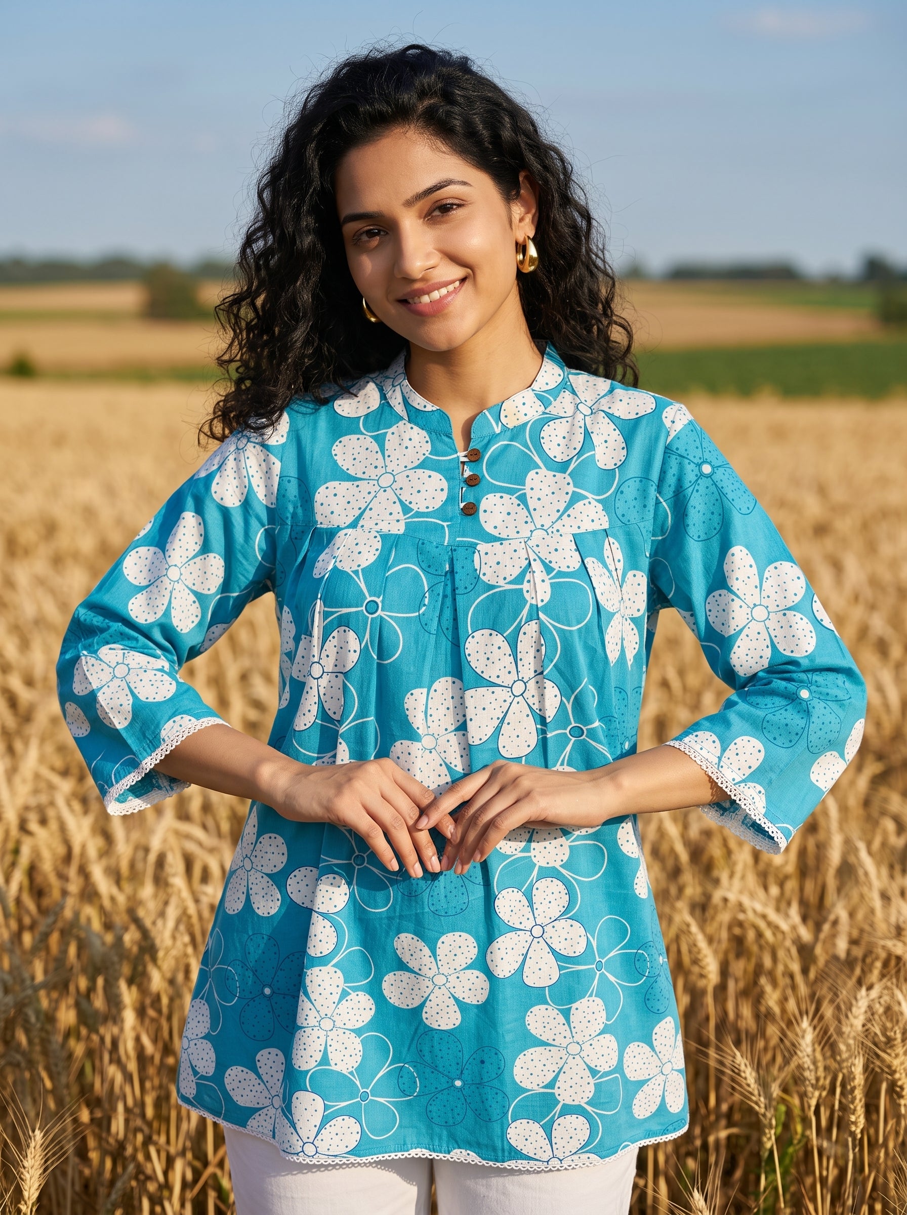 Women's Turquoise Blue Floral Printed Cotton Tunic