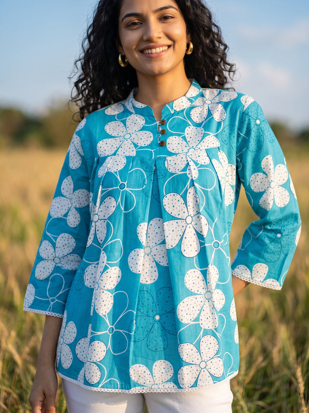 Women's Turquoise Blue Floral Printed Cotton Tunic