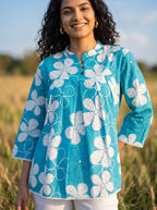 Women's Turquoise Blue Floral Printed Cotton Tunic