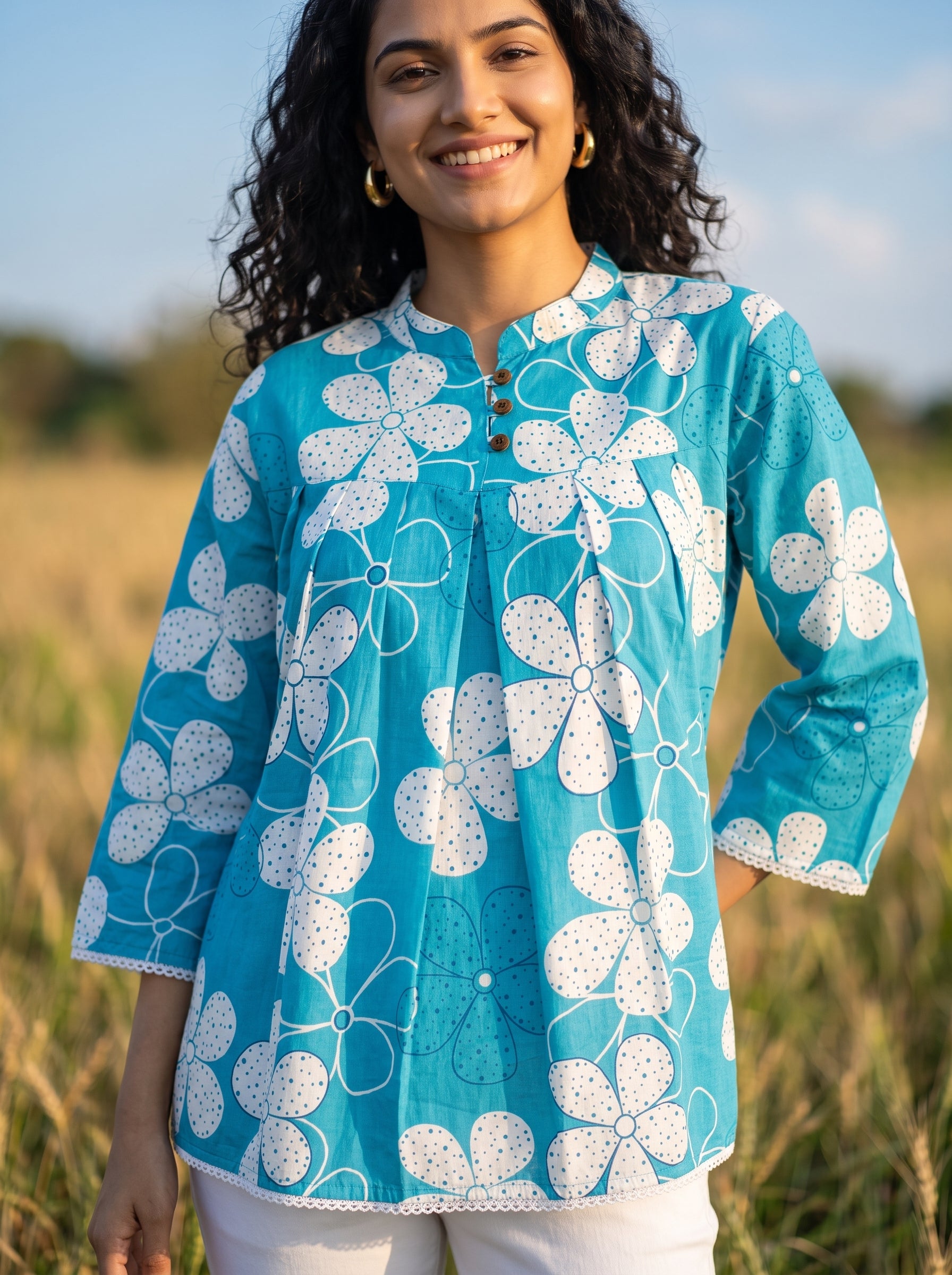 Women's Turquoise Blue Floral Printed Cotton Tunic