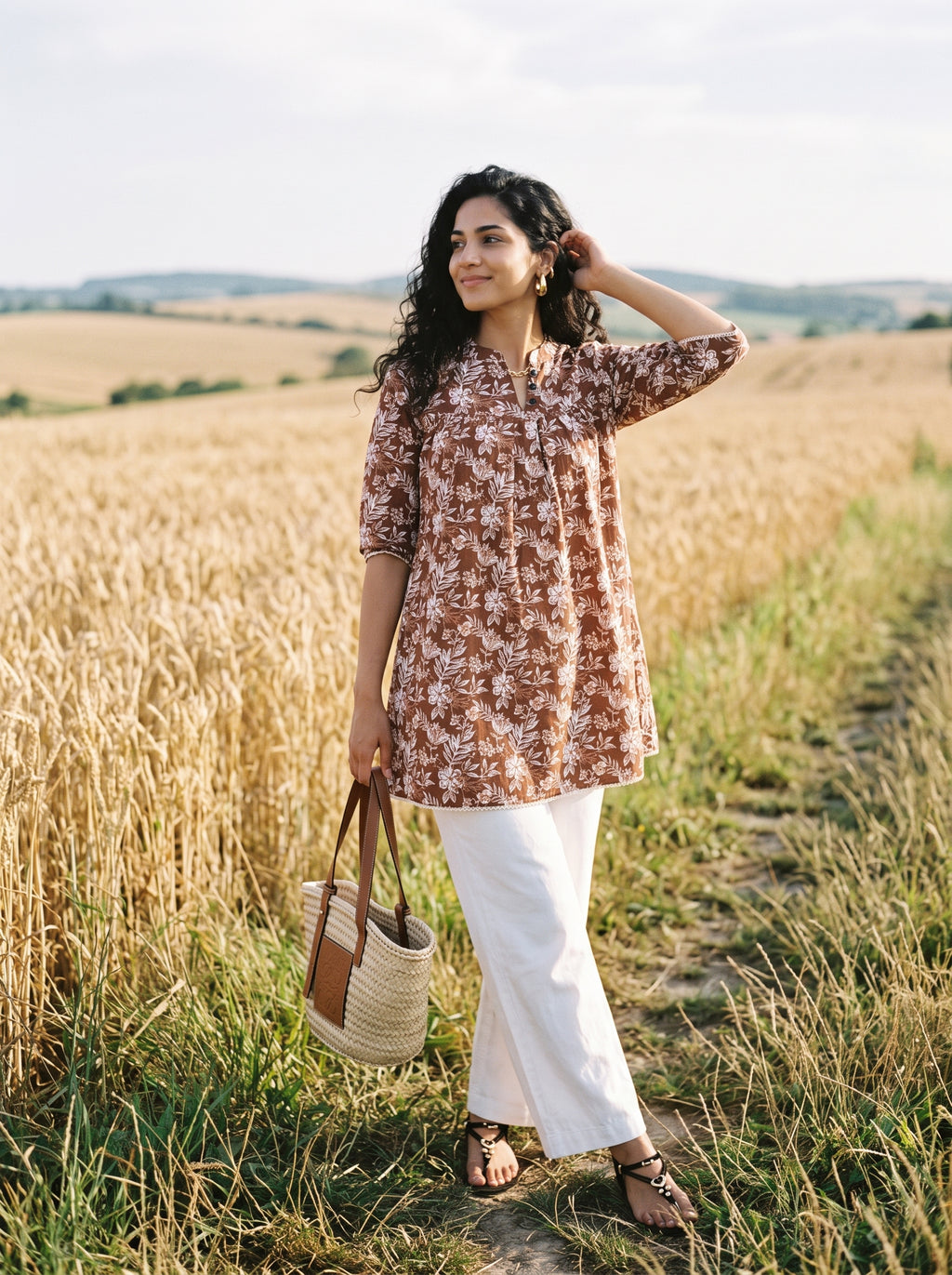 Women's Brown Floral Printed Cotton Tunic