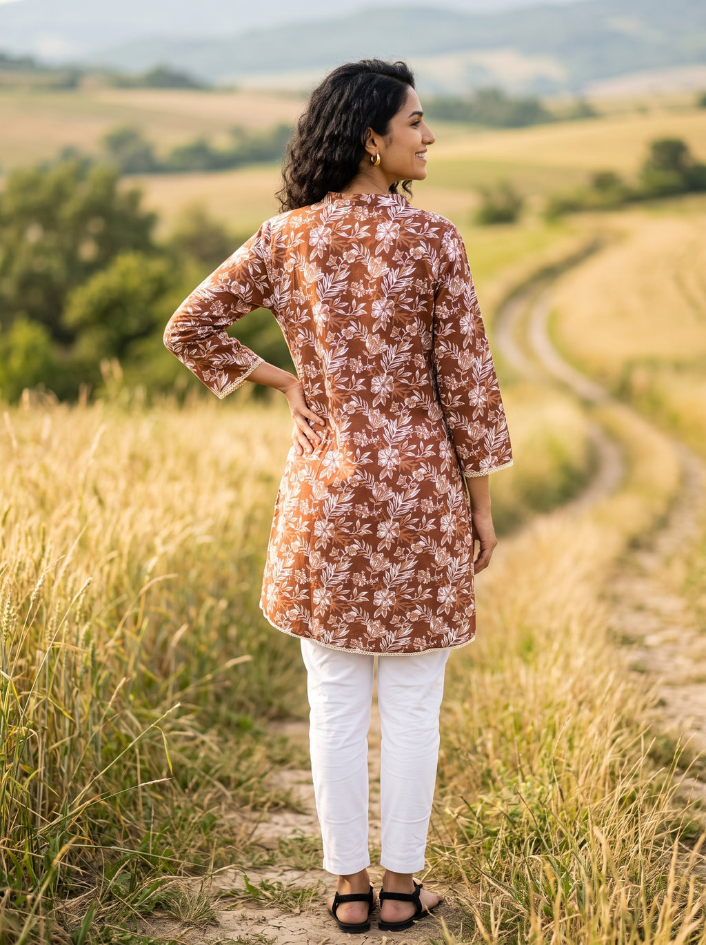 Women's Brown Floral Printed Cotton Tunic
