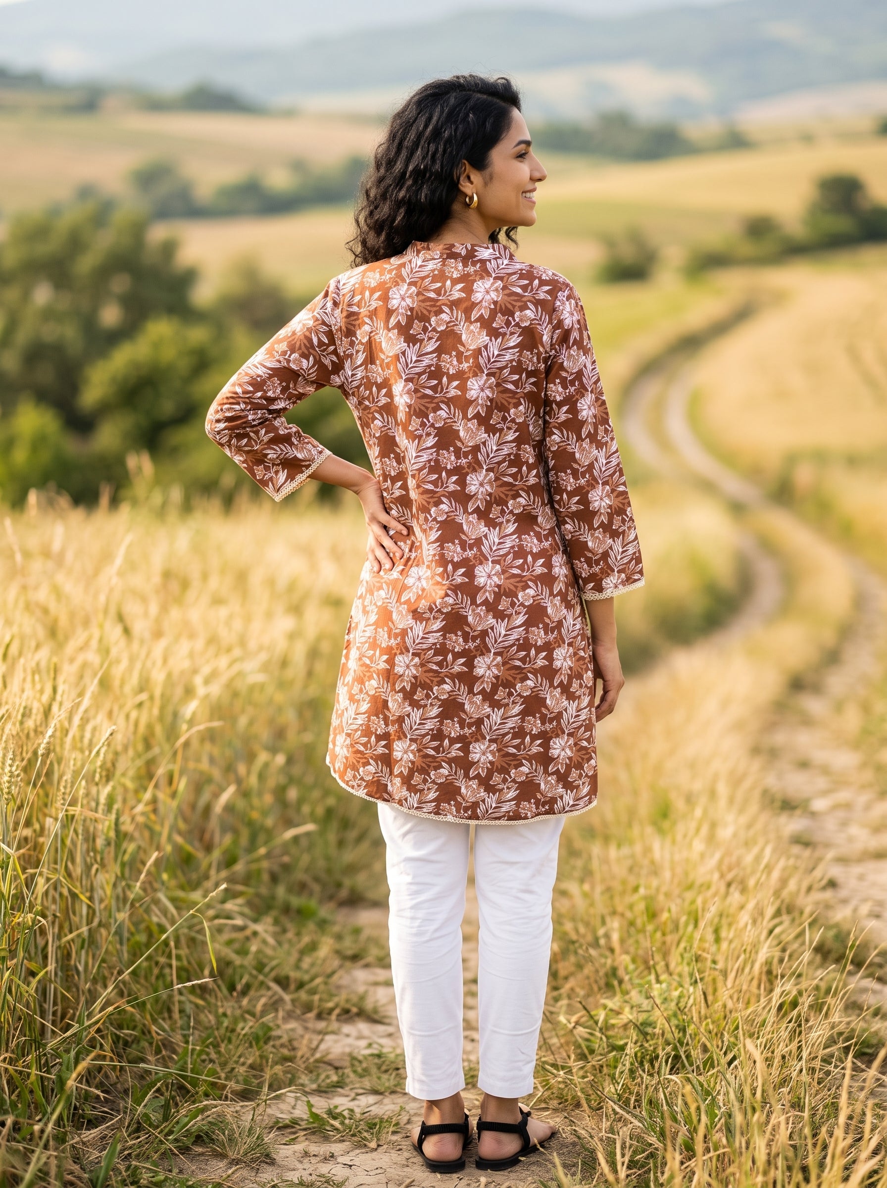 Women's Brown Floral Printed Cotton Tunic