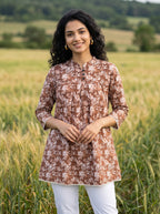Women's Brown Floral Printed Cotton Tunic