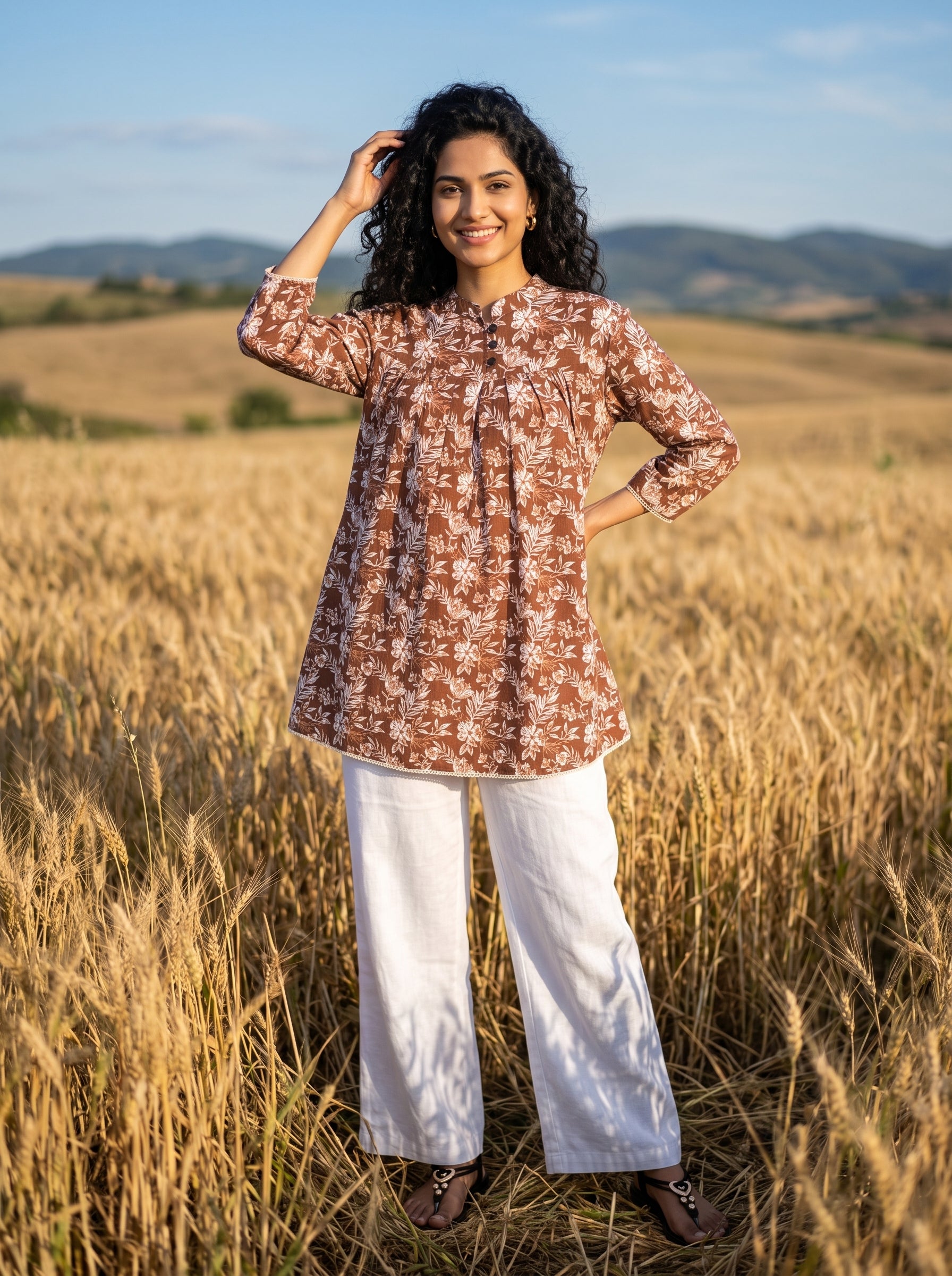 Women's Brown Floral Printed Cotton Tunic