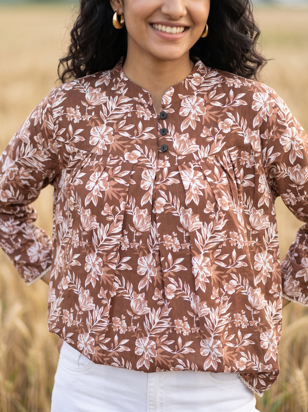 Women's Brown Floral Printed Cotton Tunic