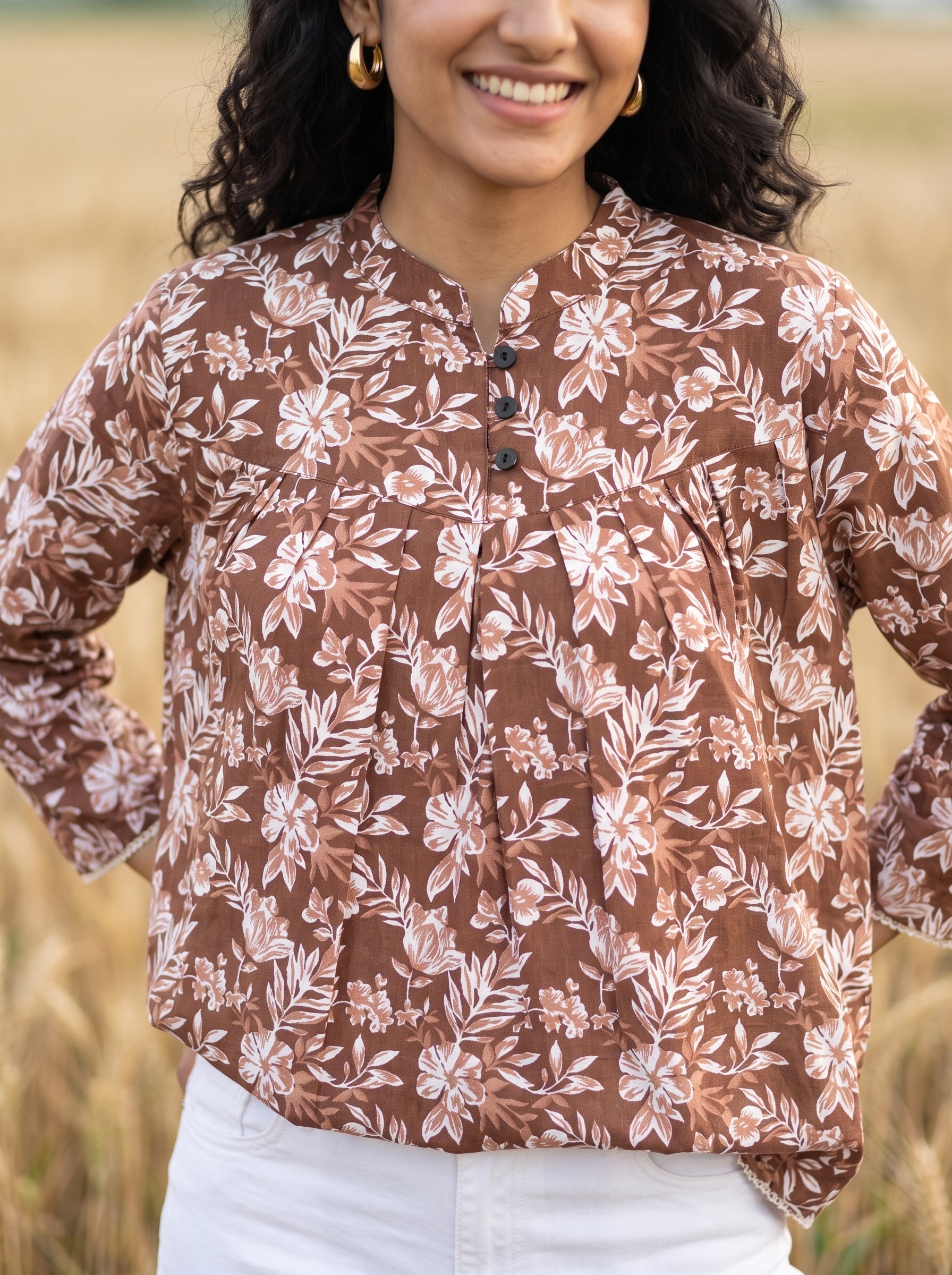 Women's Brown Floral Printed Cotton Tunic